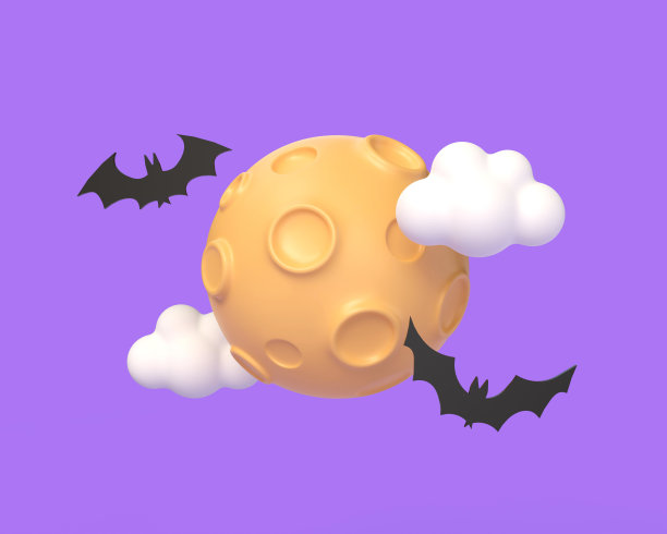 3D万圣节月亮与蝙蝠和云。10月31日。漫画风格的创意设计插图。紫色的背景。三维渲染图片下载