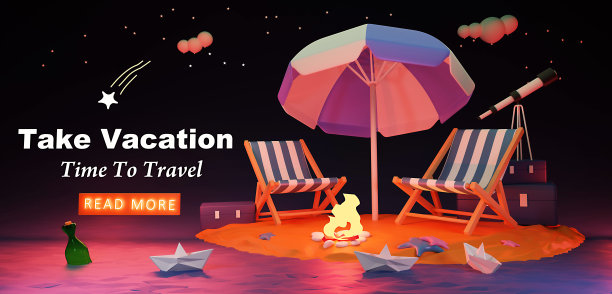 3d模板设计-蓝色的雨伞和火的灯，暑假，时间旅游的网页概念。图片下载