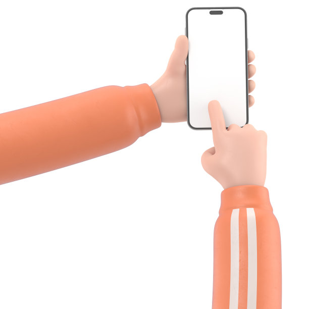 卡通手势图标模型。3d手触摸智能手机。卡通图标或使用手机的模型，白色背景的3D渲染。图片下载