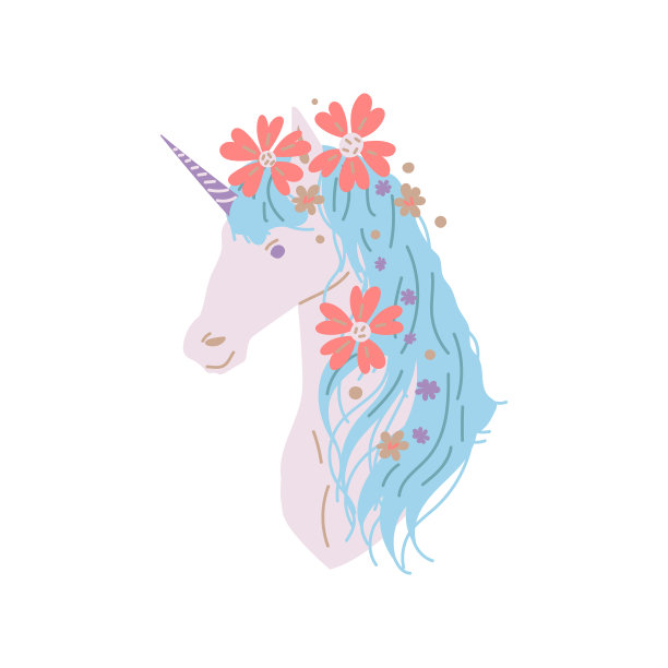 神奇的独角兽花在蓝色鬃毛，卡通平面矢量插图孤立在白色背景。梦幻般的童话动物头。奇妙的马画，伟大的儿童设计。图片下载