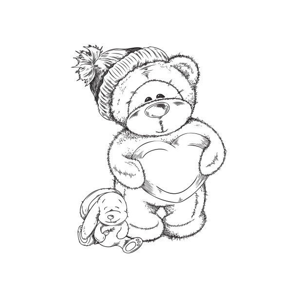 泰迪熊与玩具兔子，墨水或铅笔素描矢量插图隔离。图片下载