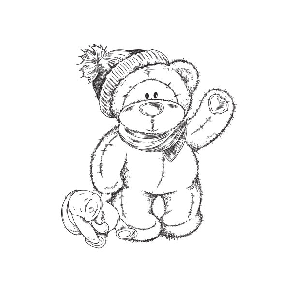 可爱的手绘微笑泰迪熊戴着帽子，挥舞着兔子素描风格图片下载