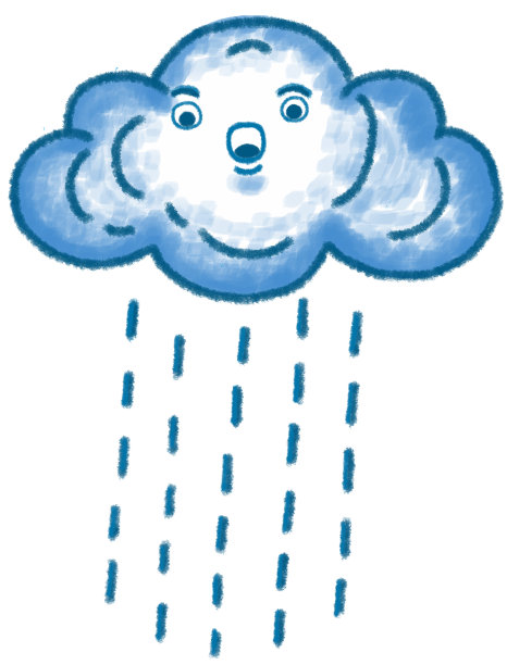 白云和雨滴，可爱的卡通人物插图孤立在白色的背景。手绘粉彩、蜡笔、油彩和粉笔颜料图片下载