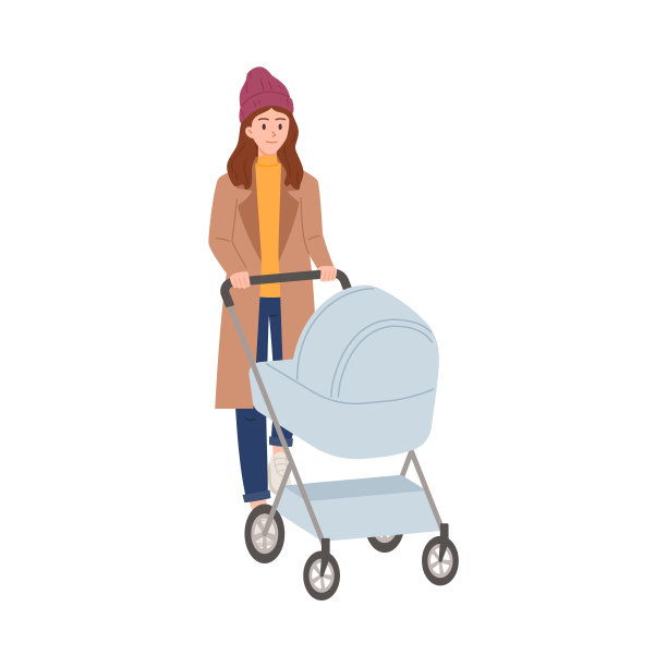 年轻的母亲步行与婴儿在婴儿车平面矢量插图孤立。图片下载