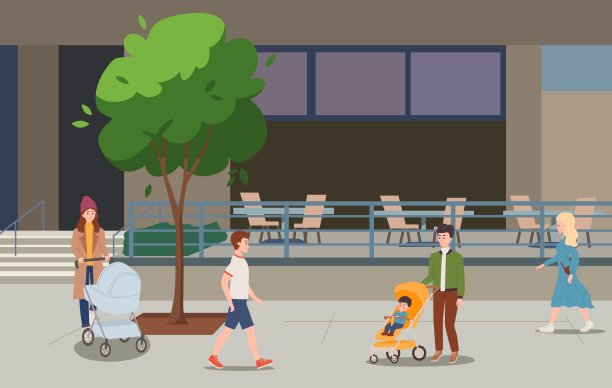 人们走在城市与婴儿车，平面矢量插图。一男一女推着婴儿车。父母的概念。带着婴儿散步的父母。图片下载