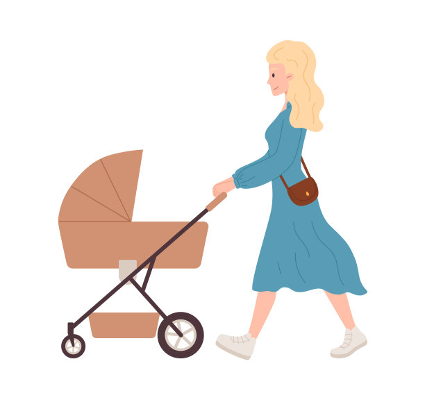 微笑的金发女子穿着裙子走在婴儿车侧面的平面风格图片下载