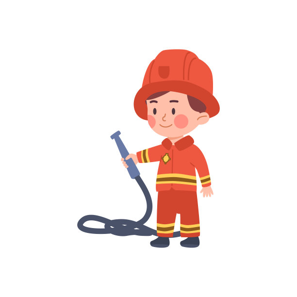 可爱有趣的孩子打扮成消防员拿软管扁平的风格，矢量插图图片下载