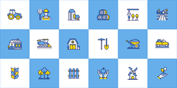 农业和农业相关的平面线图标，轮廓向量符号插图。图片下载