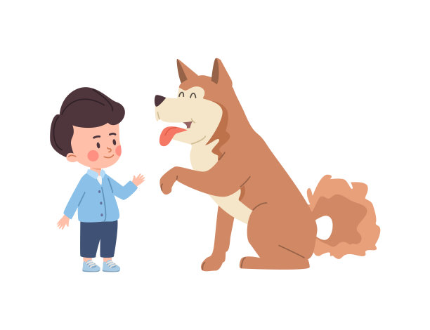可爱的孩子男孩教大狗给爪子命令平面风格，矢量插图图片下载