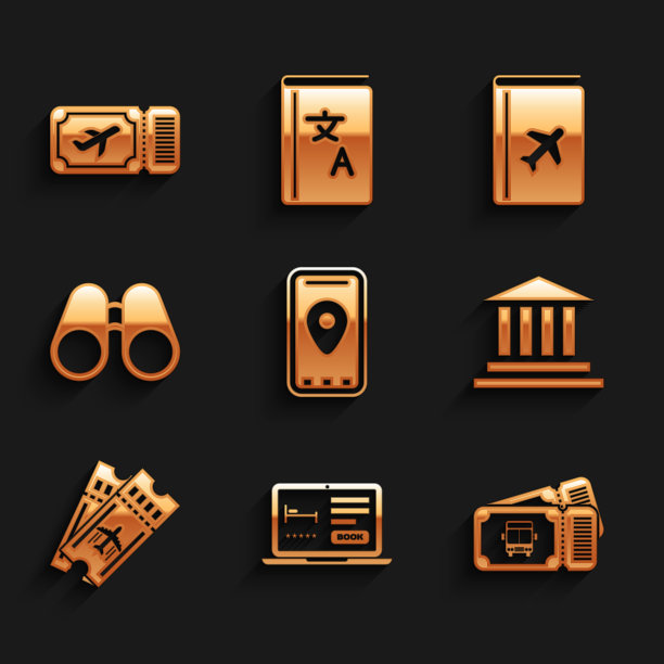 集信息图的城市地图，在线酒店预订，巴士票，博物馆建筑，航空公司，双筒望远镜，封面旅游指南和图标。向量图片下载