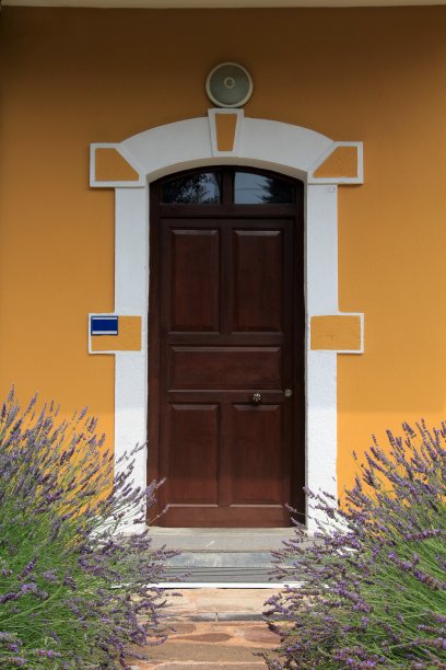 黄色房子的大门和门前盛开的薰衣草。图片下载