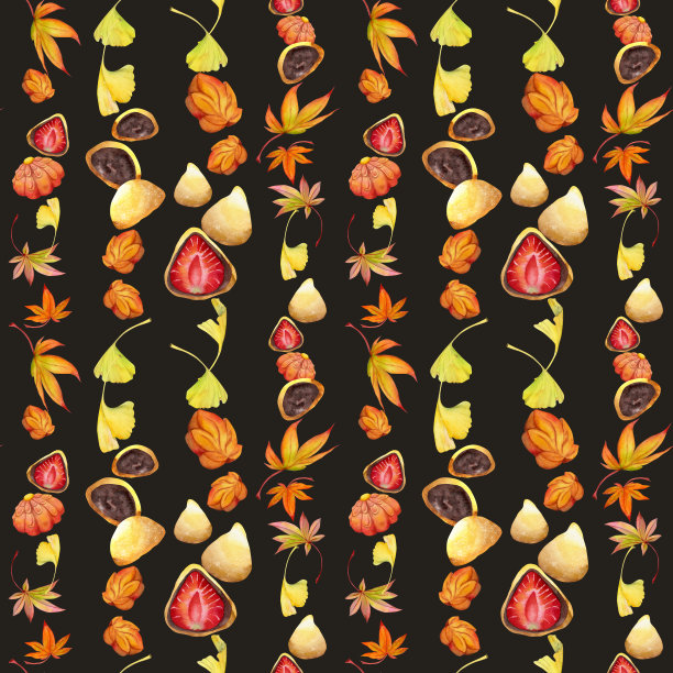 水彩无缝图案与手绘传统日本糖果。和木、麻糬、秋天的枫叶。孤立的彩色背景。请柬，餐厅菜单，贺卡，印刷品，纺织品图片下载