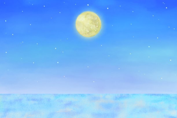 美丽的满月照亮了夜晚的大海和繁星点点的天空。图片下载