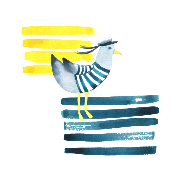 一只海鸥穿着背心，戴着水手帽，背景是蓝黄相间的条纹。水彩插图，手绘，在一个孩子的，风格。白色背景上孤立的构图。图片下载