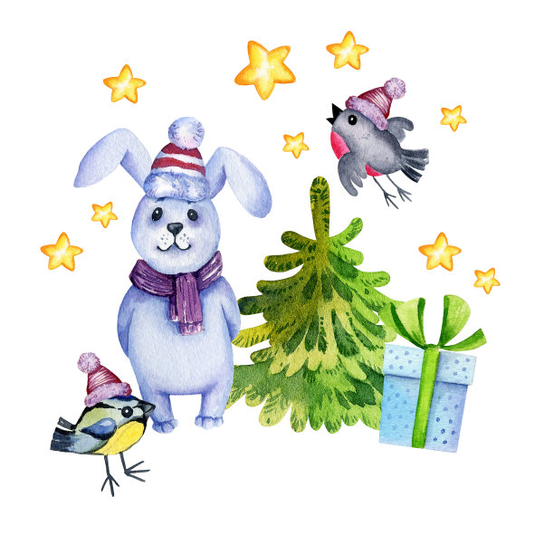 圣诞主题的水彩画组成，有圣诞树和礼物，卡通兔子，星星和红腹灰雀，新年插图，手绘冬季素描孤立在白色背景上图片下载