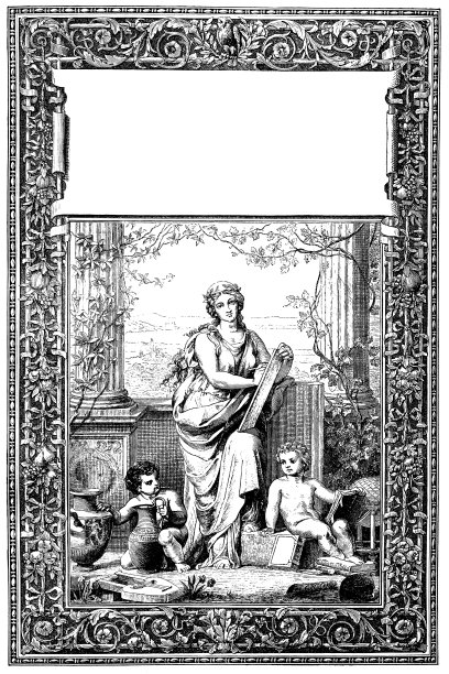 复古页装饰，女人与孩子阅读，拷贝空间图片下载