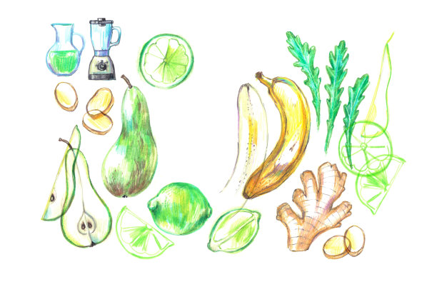 手绘夏季奶昔配方插图，玻璃和配料海报。图片下载