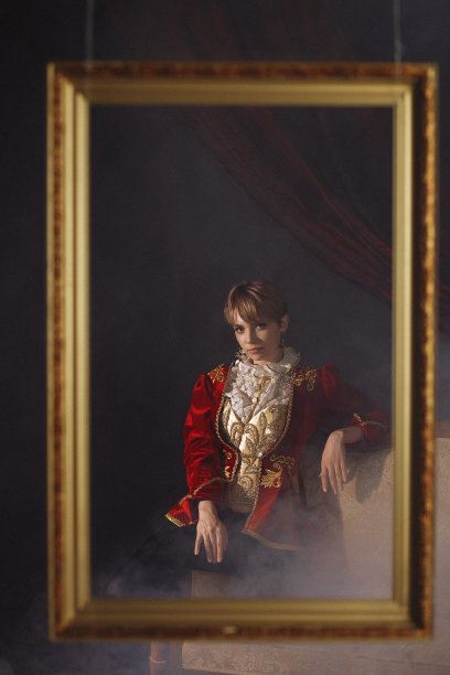 一个女人穿着一件绣着金色图案的红色复古夹克，挂在相框上图片下载