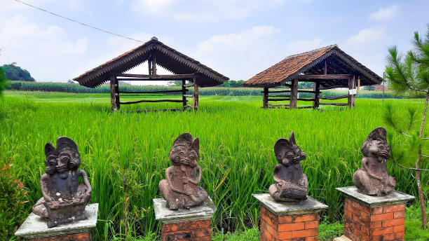 装饰雕像，背景是绿色的稻田和两个竹屋。乡村自然风光图片下载