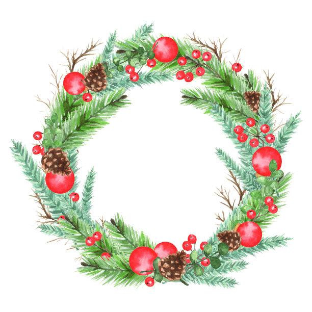 圣诞佳节，母女花环、可可、糖果等水彩元素搭配调色板。穿着毛衣的女孩拿着圣诞花环。手绘水彩插图孤立在一个白色。图片下载