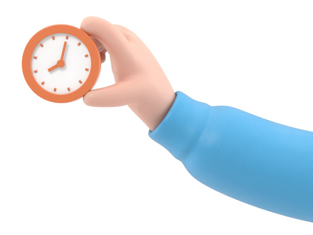 卡通手势图标模型。带秒表的卡通手。白色背景的3D渲染。图片下载