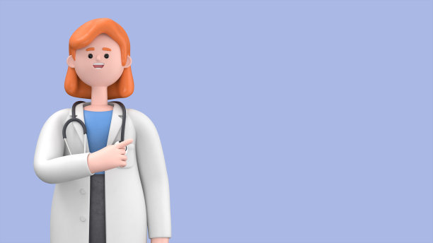 女医生新星的3D插图显示你的方式，指着他的手指空的复制空间的广告。最小的风格。在蓝色背景上隔离的医学演示剪贴画。图片下载