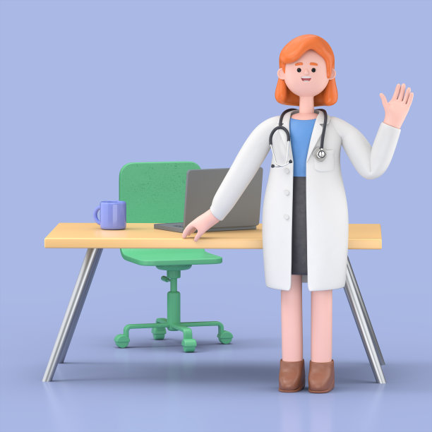 女博士诺娃在工作场所的电脑上工作的三维插图。在蓝色背景上隔离的医学演示剪贴画图片下载