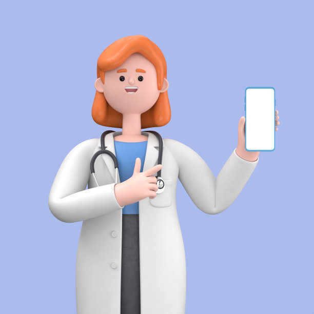 女博士Nova手持智能手机的3D插图，显示空白屏幕。卡通人物用手指指着空的显示手机的特写肖像图片下载