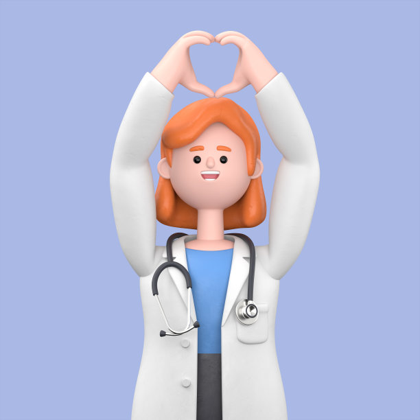 女医生新星的3D插图显示心脏手势，恭维，爱的标志。在蓝色背景上隔离的医学演示剪贴画图片下载