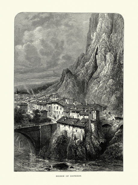 修女的场景，横跨Durance河上的桥，法国，19世纪图片下载