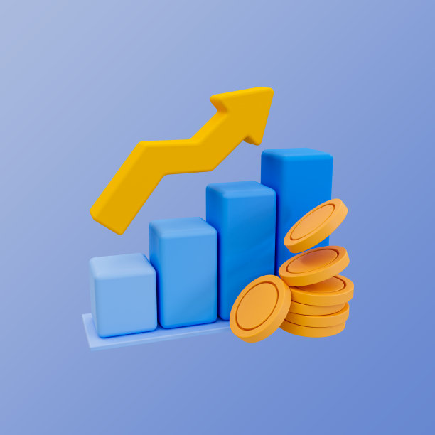 3d最小数据分析。条形图图标。柱状图上有箭头和一堆硬币。3 d演示。图片下载