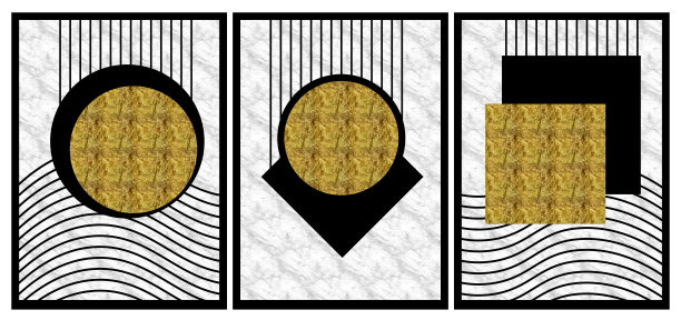 三维插图现代墙框架帆布平面艺术。彩色的形状，金色的圆圈和线条，极简主义的设计在白色大理石的背景。图片下载