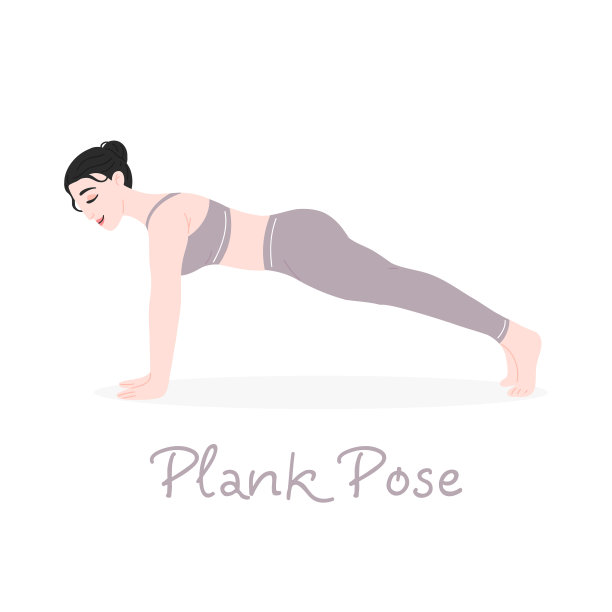 这个女孩做瑜伽。瑜伽平板支撑姿势。跳板上的一个年轻女子。瑜伽姿势的名称。矢量平面插图。图片下载