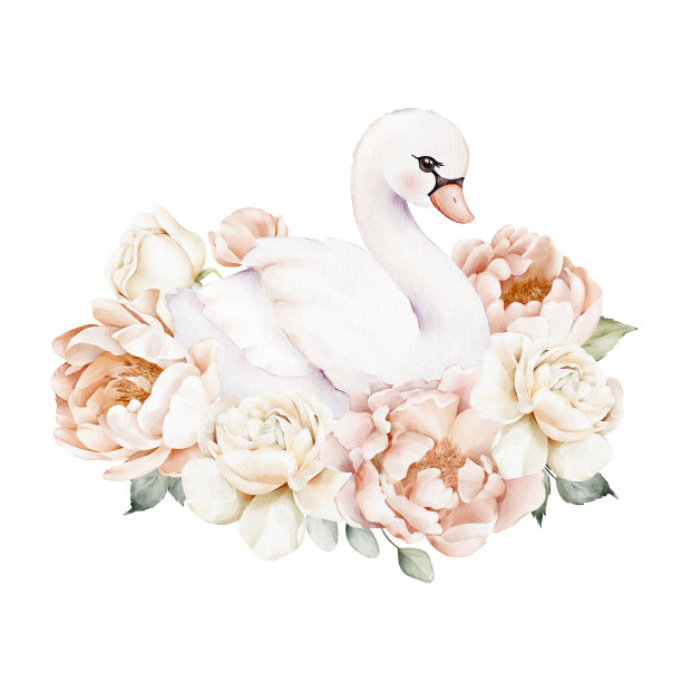 可爱的天鹅，精致的花朵和绿叶组成的水彩画。插图邀请，明信片，周年纪念，生日，问候图片下载
