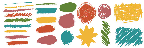 涂鸦集。手绘彩色铅笔卷线。标记画歪歪扭扭，笔画矢量集合。用画笔画草图。徒手涂鸦纹理孤立的元素图片下载