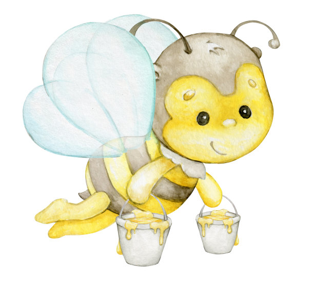 蜜蜂，飞翔，拿着蜂蜜桶，在一个孤立的背景上，以卡通风格的水彩画音乐会。图片下载