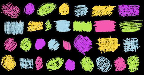 涂鸦集。手绘彩色铅笔卷线。标记画歪歪扭扭，笔画矢量集合。用画笔画草图。徒手涂鸦纹理孤立的元素图片下载