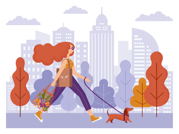 在城市公园里遛狗的女人图片下载