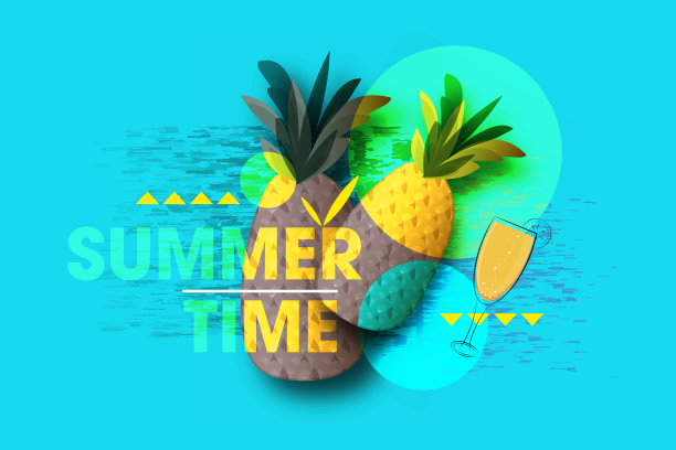 时尚时尚的菠萝海报，夏日时光。蓝色背景的热带水果图片下载
