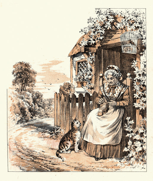 老妇人坐在小屋外编织，带着宠物猫，19世纪维多利亚艺术图片下载