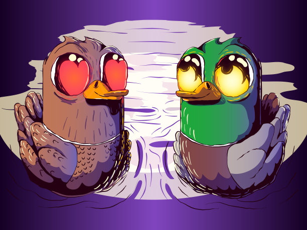 手绘卡通可爱的插图卡-鸭子在爱。图片下载