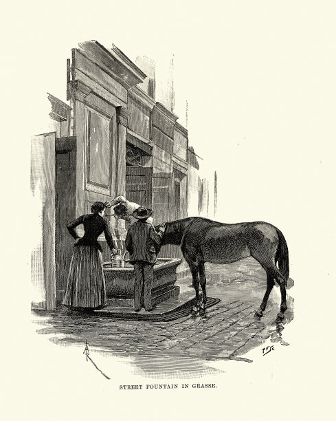 19世纪90年代，法国格拉斯，人们和一匹马在街道喷泉旁饮水图片下载