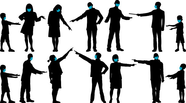 戴着口罩指示和展示的人们图片下载