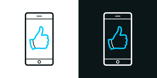 竖起大拇指的智能手机。黑色或白色背景上的双色线条图标-可编辑笔触图片下载