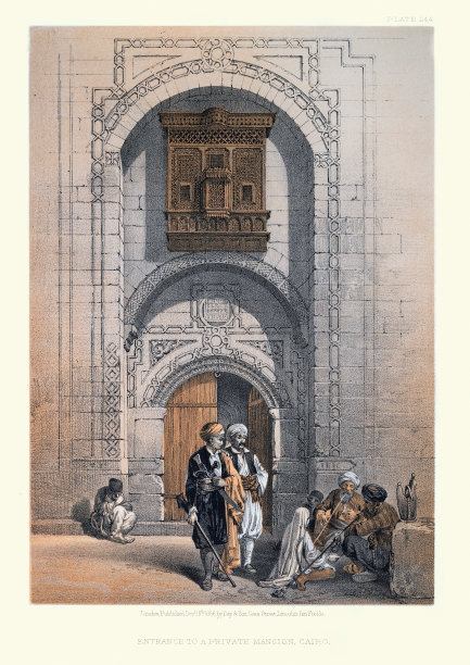进入私人大厦，开罗，埃及，维多利亚19世纪由大卫罗伯茨。安内的守卫，抽着烟斗的男人图片下载