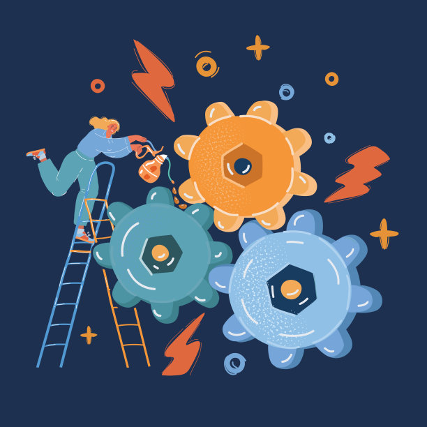 矢量插图的女人是试图修复一个机制的齿轮在黑暗的背景。图片下载