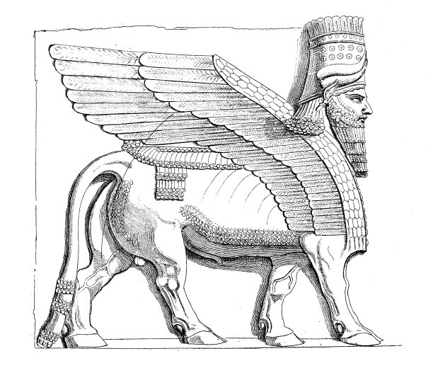 尼尼微有翼公牛亚述艺术古董插画图片下载