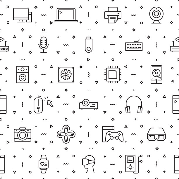 矢量设计模板集和元素的电子和设备在流行的线性风格-无缝模式与线性图标相关的电子和设备-矢量图片下载