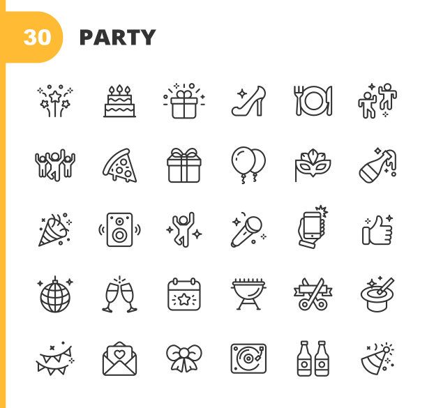 党的路线图标。可编辑的中风。像素完美。移动和网络。包含如聚会，装饰，迪斯科球，跳舞，夜生活，自拍，快餐，啤酒，眼镜，礼物，蛋糕等图标。图片下载