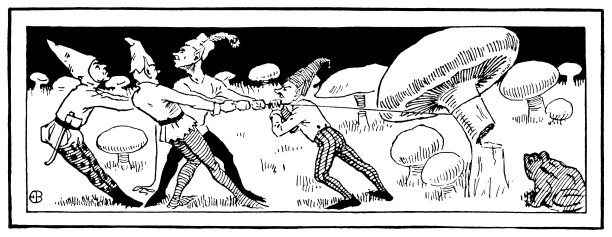 四个精灵正在砍伐一个大蘑菇图片下载